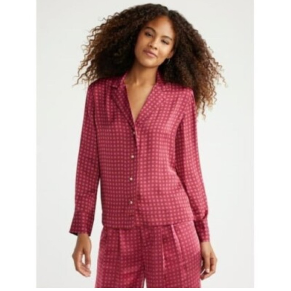 Red Patterned Button-Up Pajama Top